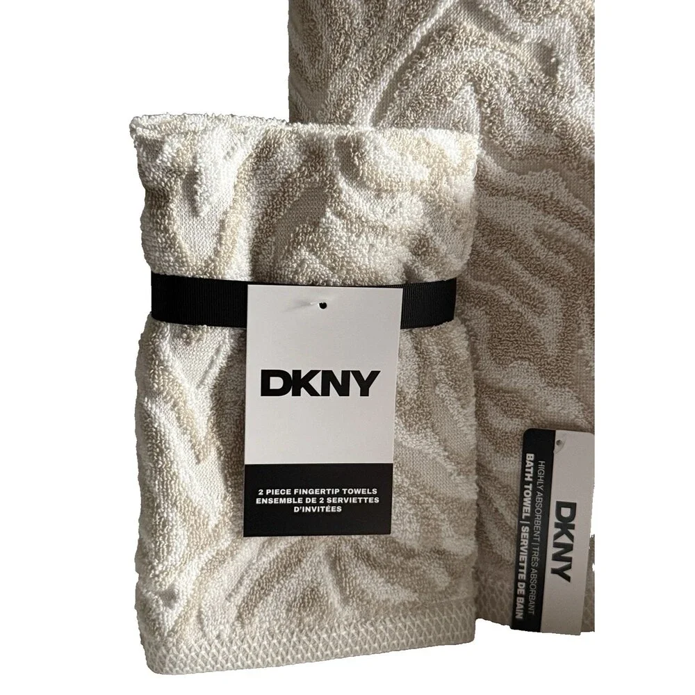 DKNY Zebra Striped 6 Pc Towel Set Beige White 2 Bath Towels 2 Hand 2 Fingertip